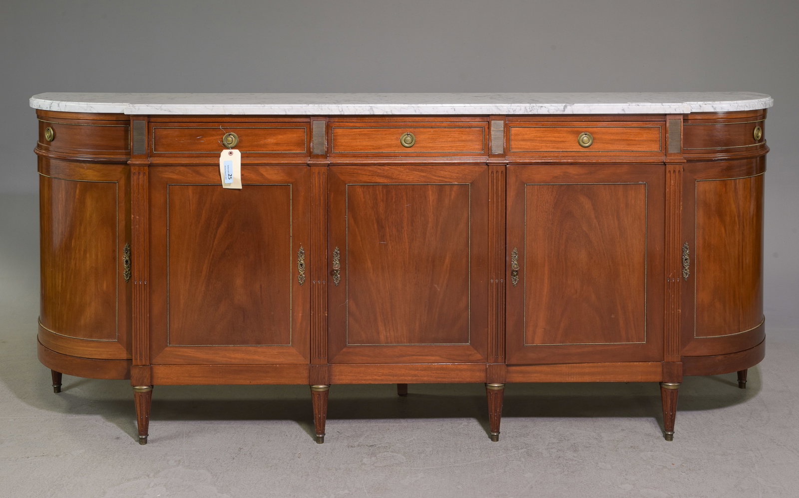 Louis XVI Style White Marble Top Sideboard #1: French Louis XVI Style White Marble Top Curved Mahogany Sideboard / Enfilade - 41 in tall x 96.25 x 20