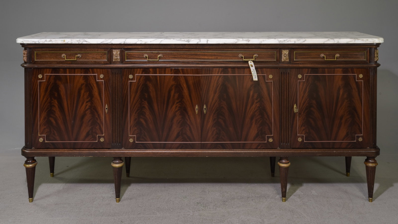Louis XVI Style White Marble Top Sideboard #2: French Louis XVI Style White Marble Top Mahogany Sideboard / Enfilade - 40.5 in tall x 89 x 21.5