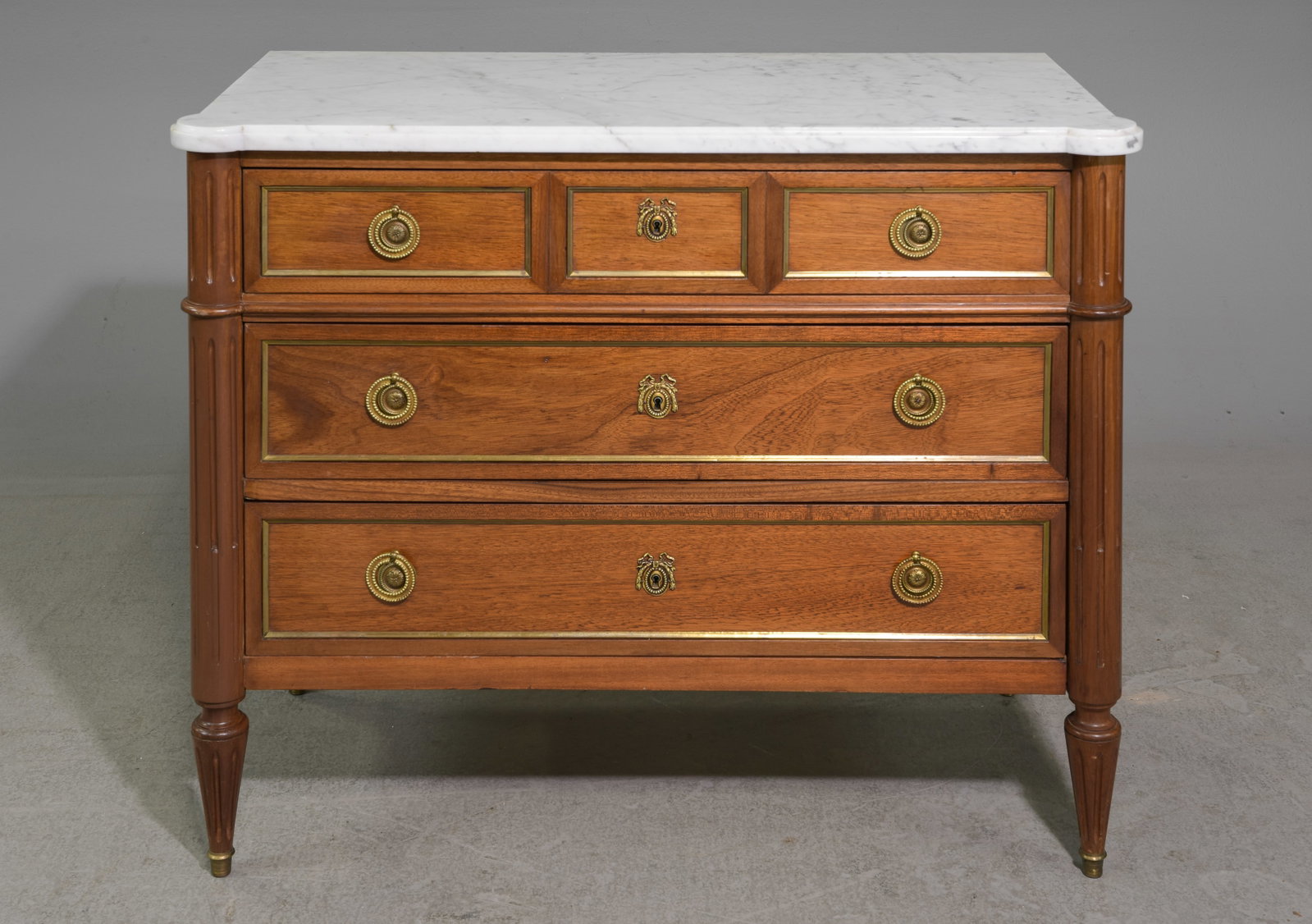 Louis XVI Style White Marble Top Chest #1: French Louis XVI Style White Marble Top Three Drawer Chest - 32.5 in tall x 39.5 x 19.5