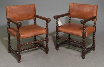 Renaissance Style Pair of Barley Twist Oak Arm Chairs