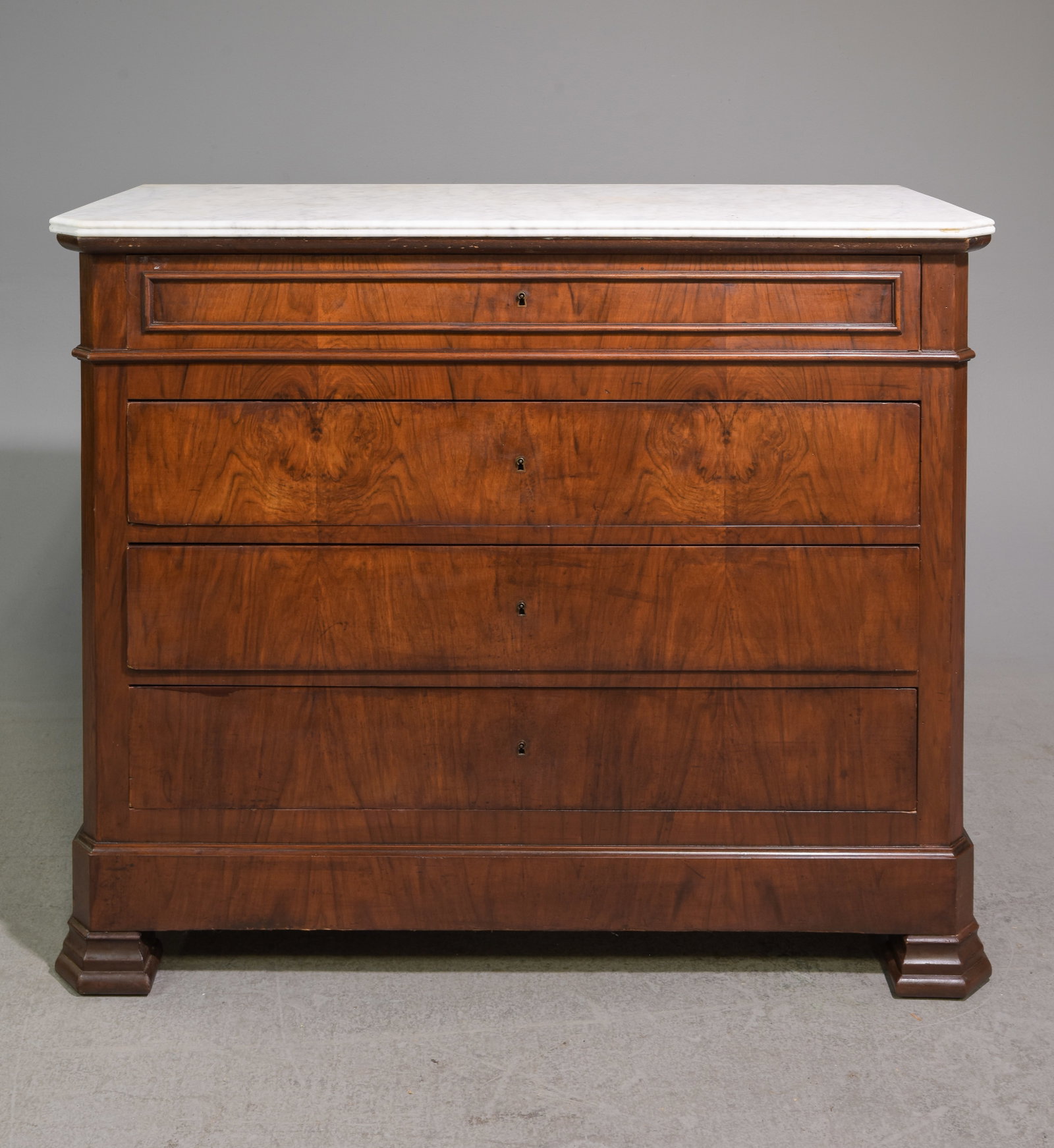 Louis Philippe Style White Marble Top Chest: French Louis Philippe Style Mahogany White Marble Top Chest - 38 in tall x 46.5 x 20.5