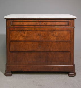 Louis Philippe Style White Marble Top Chest: French Louis Philippe Style Mahogany White Marble Top Chest - 38 in tall x 46.5 x 20.5