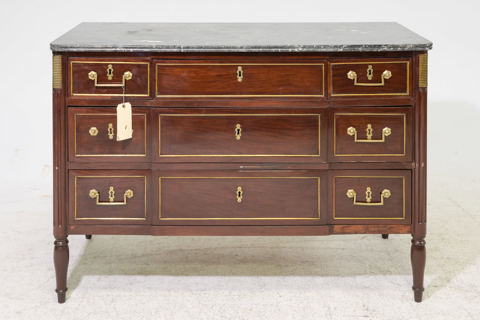 Louis XVI Style Walnut Marble Top Chest: French Louis XVI Style Walnut Marble Top Chest - 34.5 in tall x 39 x 23.5