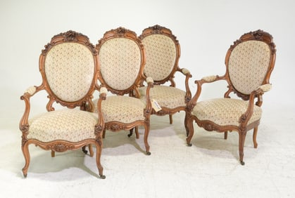 Louis XV Style Set of 4 Walnut Arm Chairs