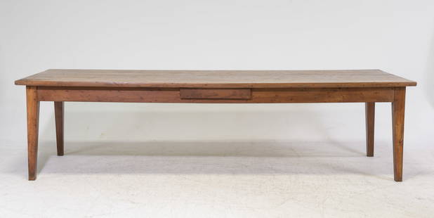 French Monumental Oak Farmhouse Table: French Monumental Oak Farmhouse Table - 31 in tall x 118 x 40, Floor to apron is 23.75 inches and the space between the legs is 107 inches