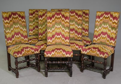 French Set of 8 High Back Upholstered Oak Dining Chairs