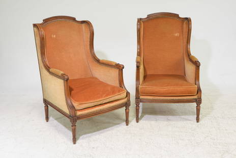 Louis XVI Style Pair of Wing Back Arm Chairs: French Louis XVI Style Pair of Wing Back Arm Chairs - 43 in tall x 26 x 30 each with a seat height of 16 inches