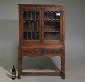 British Oak Leaded Glass Hall Cabinet / Bookcase