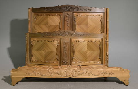 Louis XV Style Bed with Rails: French Louis XV Style Bed with Rails - Headboard is 50 in tall x 56 x 4, Rails are 72.5 inches long each - This bed is a European size which can usually be converted to an American size by removing th