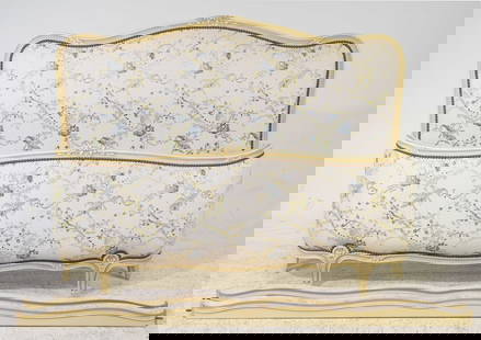 Louis XV Style Painted Upholstered Bed with Rails: French Louis XV Style Painted Upholstered Bed with Rails - Headboard is 44 in tall x 60 x 3, Rails are 67.25 inches long each - This bed is a European size which can usually be converted to an America