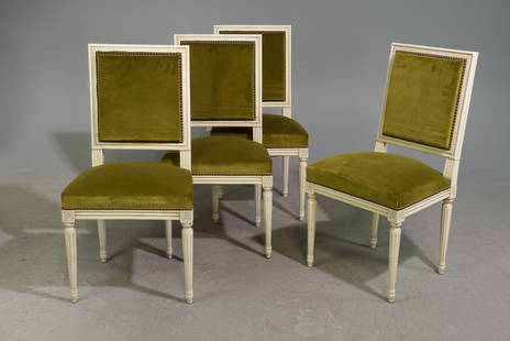 Louis XVI Style Set of 4 Painted Dining Chairs: French Louis XVI Style Set of 4 Painted Dining Chairs - 36.5 in tall x 18.5 x 19 each with a seat height of 17 inches