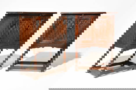 2 British Oak Double Door Occasional Cabinets: 2 British Oak Double Door Occasional Cabinets - 27 in tall x 18.5 x 12 each