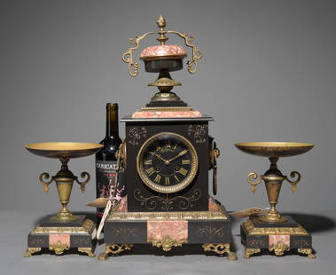 Napoleon III Style Mantel Clock with Garnitures: French Napoleon III Style Black Marble Mantel Clock with Rouge Marble Accents & Garnitures - Clock is 19 in tall x 10.5 x 6