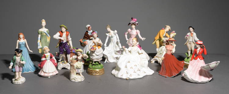 15 Assorted Royal Doulton Figurines: 15 Assorted Royal Doulton Figurines - 9 in tall x 5 x 5 - Some of the titles or names are "Valerie" COPR. 1952, "Country Lass", "Minuet" COPR. 1948, Etc.