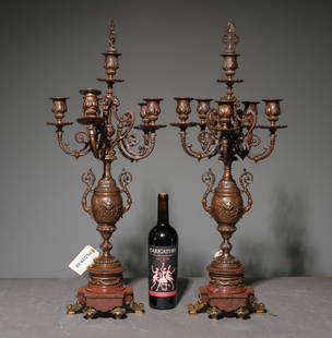 French Pair of Bronze & Marble Candelabras: French Pair of Bronze & Marble Candelabras - 29 in tall x 12 x 12 each
