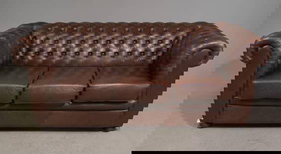 Brown Leather Button Tufted Three Seater Sofa: Brown Leather Button Tufted Three Seater Sofa - 31 in tall x 78 x 36 with a seat height of 18 inches