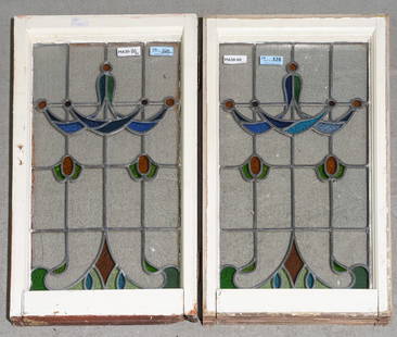 Two English Framed Multi Color Stained Glass Windows: Two English Framed Multi Color Stained Leaded Glass Windows - 34 in tall x 21 x 2 each