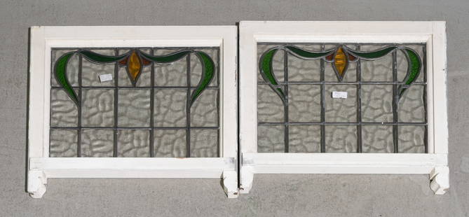 Two English Framed Stained Glass Windows: Two English Framed Stained Leaded Glass Windows - 25.5 in tall x 28 x 2 each