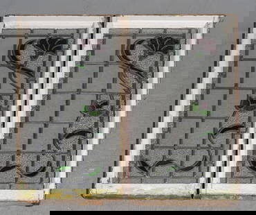Two English Framed Floral Stained Glass Windows: Two English Framed Floral Stained Glass Windows - 40 in tall x 21.25 x 2 each