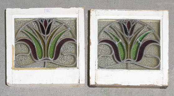 Two English Framed Floral Stained Glass Windows: Two English Framed Floral Stained Glass Windows - 21 in tall x 18.25 x 2 each