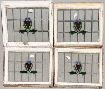 Four English Framed Floral Stained Glass Windows: Four English Framed Floral Stained Glass Windows - 18 in tall x 23.5 x 2