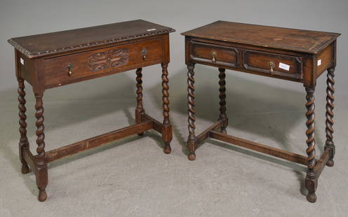 2 Jacobean Oak Barley Twist Hall Tables: 2 British Jacobean Oak Barley Twist Hall Tables - 29.5 in tall x 33 x 16 and 29 in tall x 30 x 18