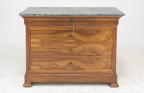 Louis Philippe Style  Walnut 4 Drawer Marble Top Chest: French Louis Philippe Style Walnut 4 Drawer Marble Top Chest - 37.5 in tall x 51.5 x 22.5