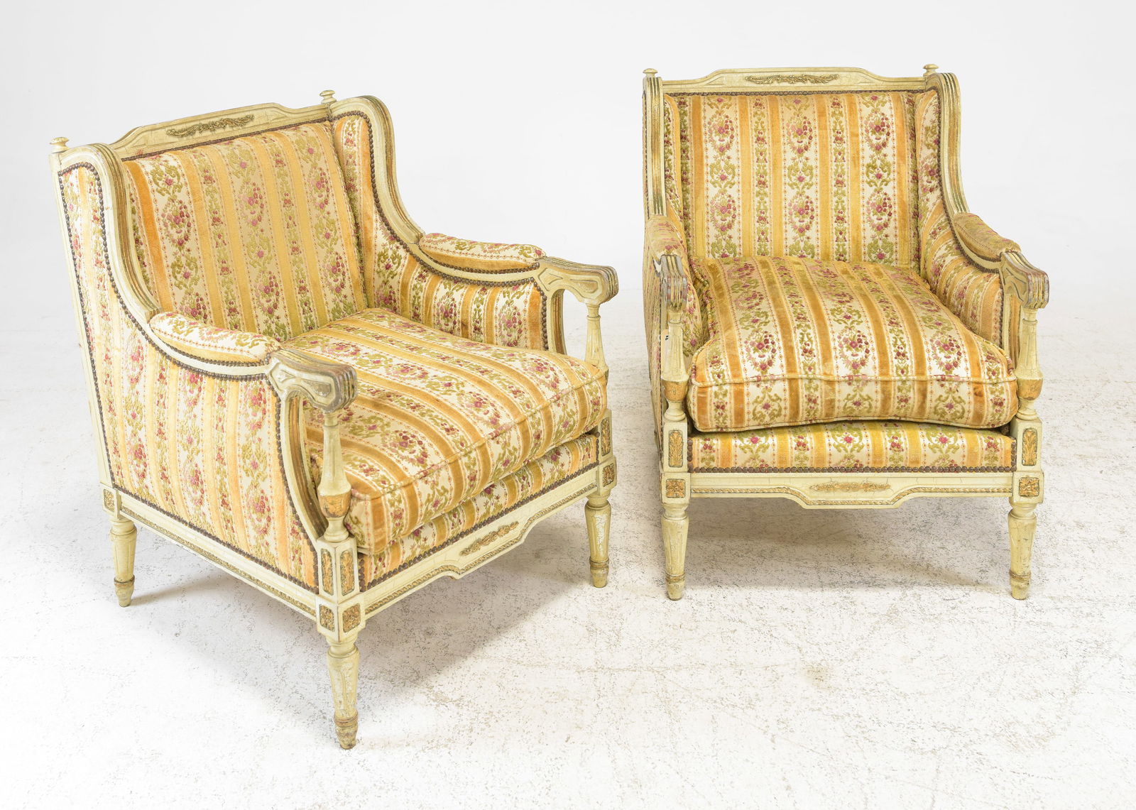 Louis XVI Style Pair Of Upholstered Arm Chairs: French Louis XVI Style Pair Of Upholstered Arm Chairs - 34 in tall x 31 x 26.5, seat height is 20 in