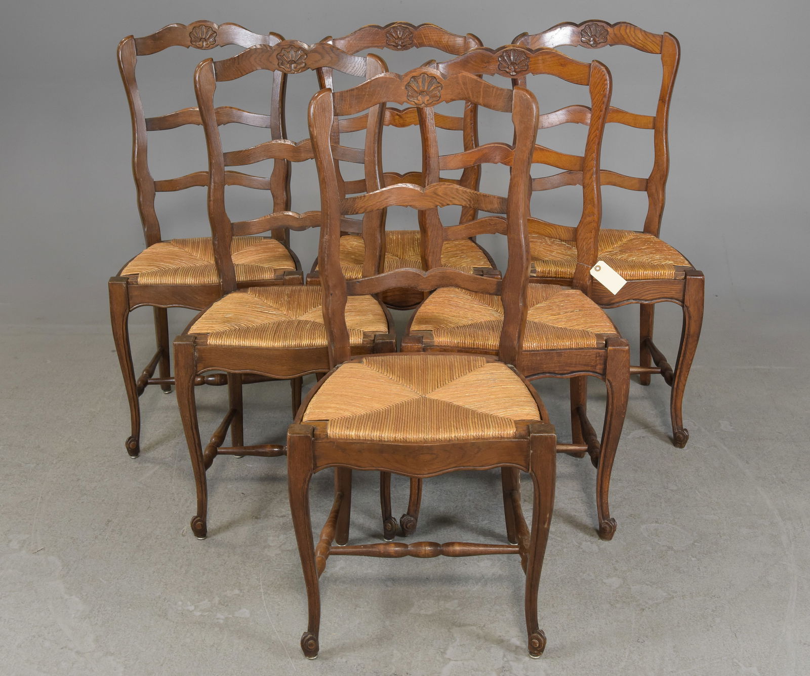 Louis XV Style Set of 6 Oak Rush Seat Chairs: French Louis XV / Country French Style Set of 6 Oak Rush Seat Chairs - 39 in tall x 18 x 17, seat heigh Is 18 in