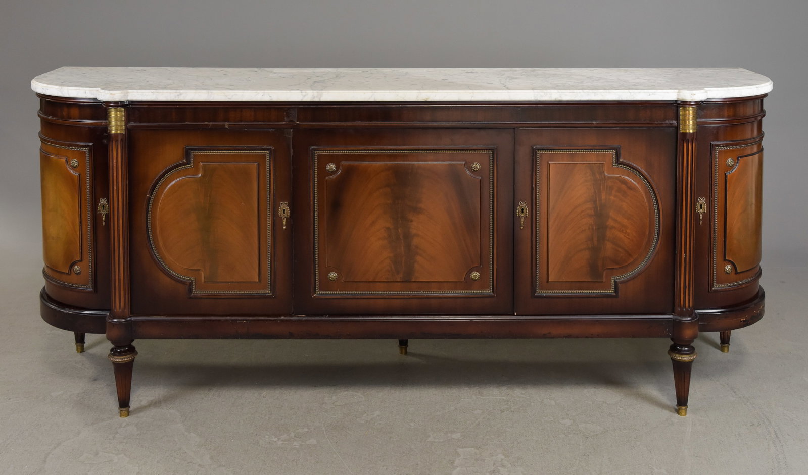 Louis XVI Style Curved White Marble Top Sideboard: French Louis XVI Style Curved White Marble Top Sideboard / Enfilade - 39 in tall x 92.5 x 23