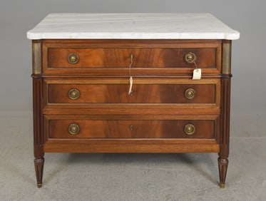 Louis XVI Style White Marble Top 3 Drawer Chest