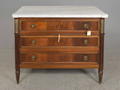 Louis XVI Style White Marble Top 3 Drawer Chest: French Louis XVI Style Mahogany White Marble Top 3 Drawer Chest - 32.5 in tall x 40 x 20