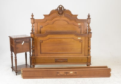 Louis XVI Style Bed With Rails & Marble Top Nightstand