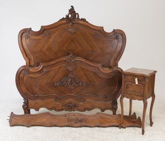 Louis XV Style Bed With Rails & Marble Top Nightstand