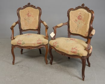 Louis XV Style Pair Of Walnut Upholstered Arm Chairs