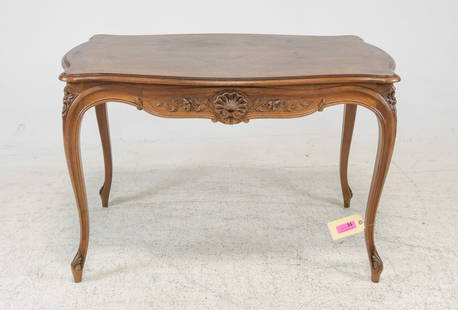 Louis XV Style Walnut Writing Table: French Louis XV Style Walnut Writing Table - 29 in tall x 46.5 x 28, floor to apron is 23in and space between legs is 37 in