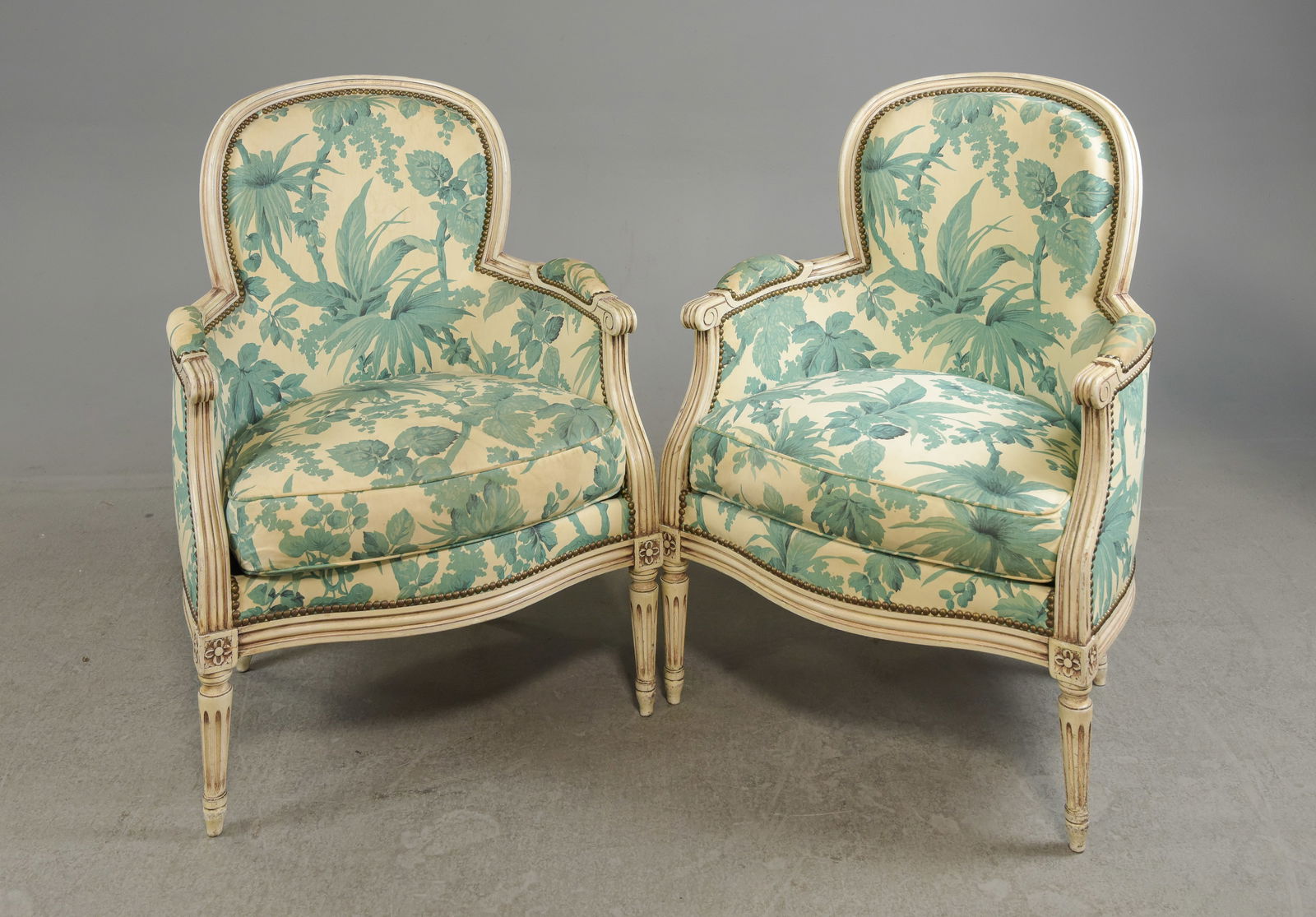 Pair Of Louis XVI Style Painted Arm Chairs: Pair Of French Louis XVI Style Painted Arm Chairs - 37 in tall x 26 x 26.5, seat height is 19 in