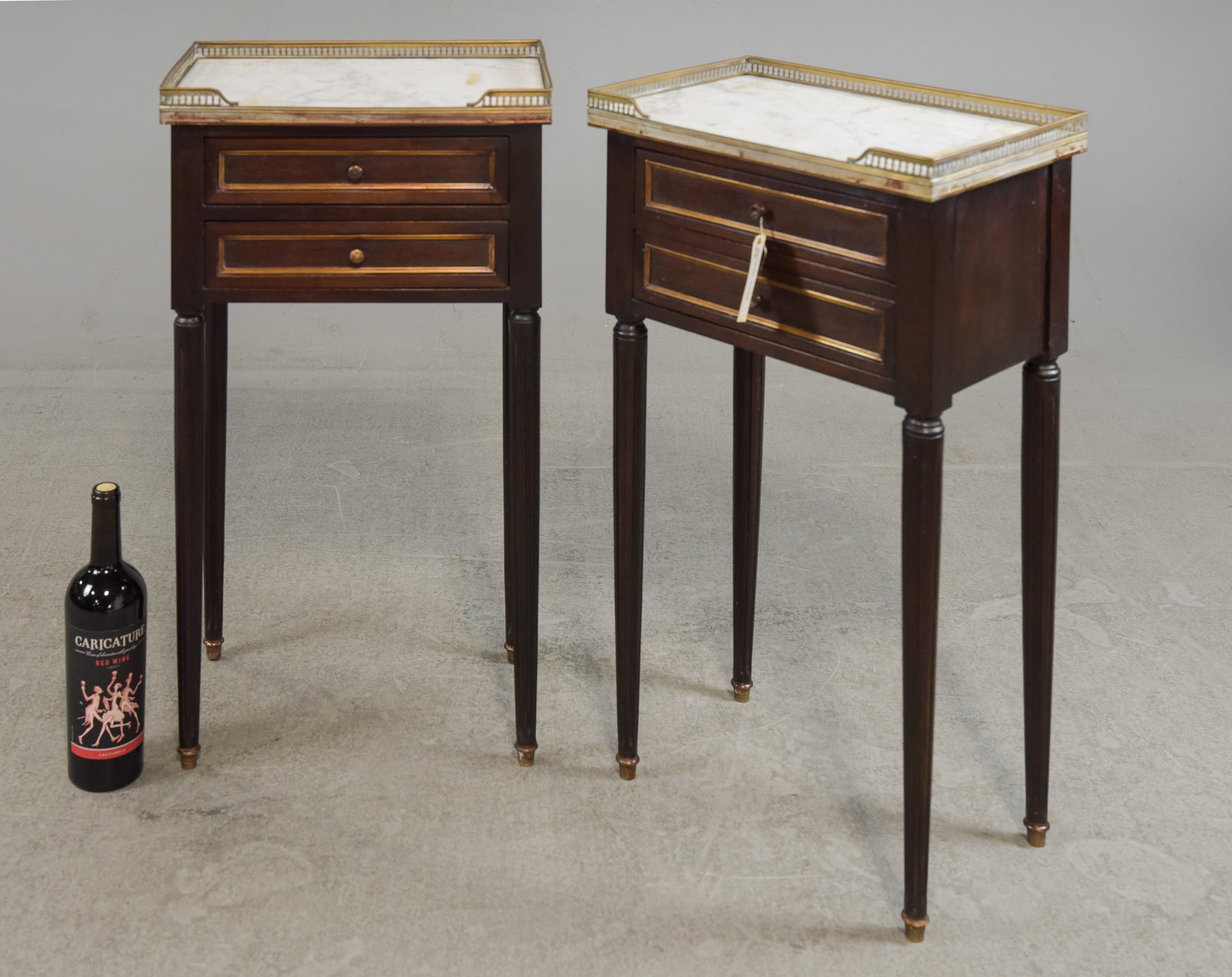 2 Louis XVI Style White Marble Top Occasional Chests: 2 French Louis XVI Style White Marble Top Occasional Chests / Nightstands - 28 in tall x 15.5 x 10.5