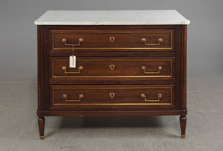 Louis XVI Style White Marble Top Mahogany Chest: French Louis XVI Style White Marble Top Mahogany 3 Drawer Chest - 32.5 in tall x 40.5 x 19