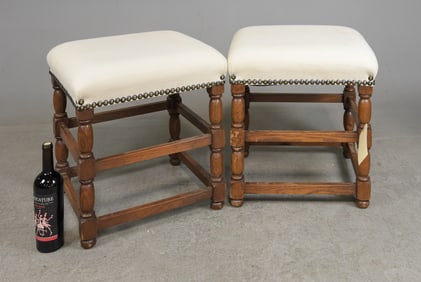 Pair of Upholstered Oak Stools