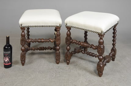 British Pair of Barley Twist Upholstered Stools