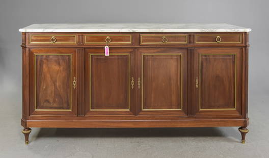 Louis XVI Style White Marble Top Mahogany Sideboard: French Louis XVI Style White Marble Top Mahogany Sideboard / Enfilade - 43.5 in tall x 85 x 22.5