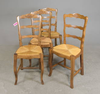 Louis XV Style Set of 4 Oak Rush Seat Chairs: French Louis XV Style Set of 4 Oak Rush Seat Dining Chairs - 38.5 in tall x 20 x 17, seat height is 18.5