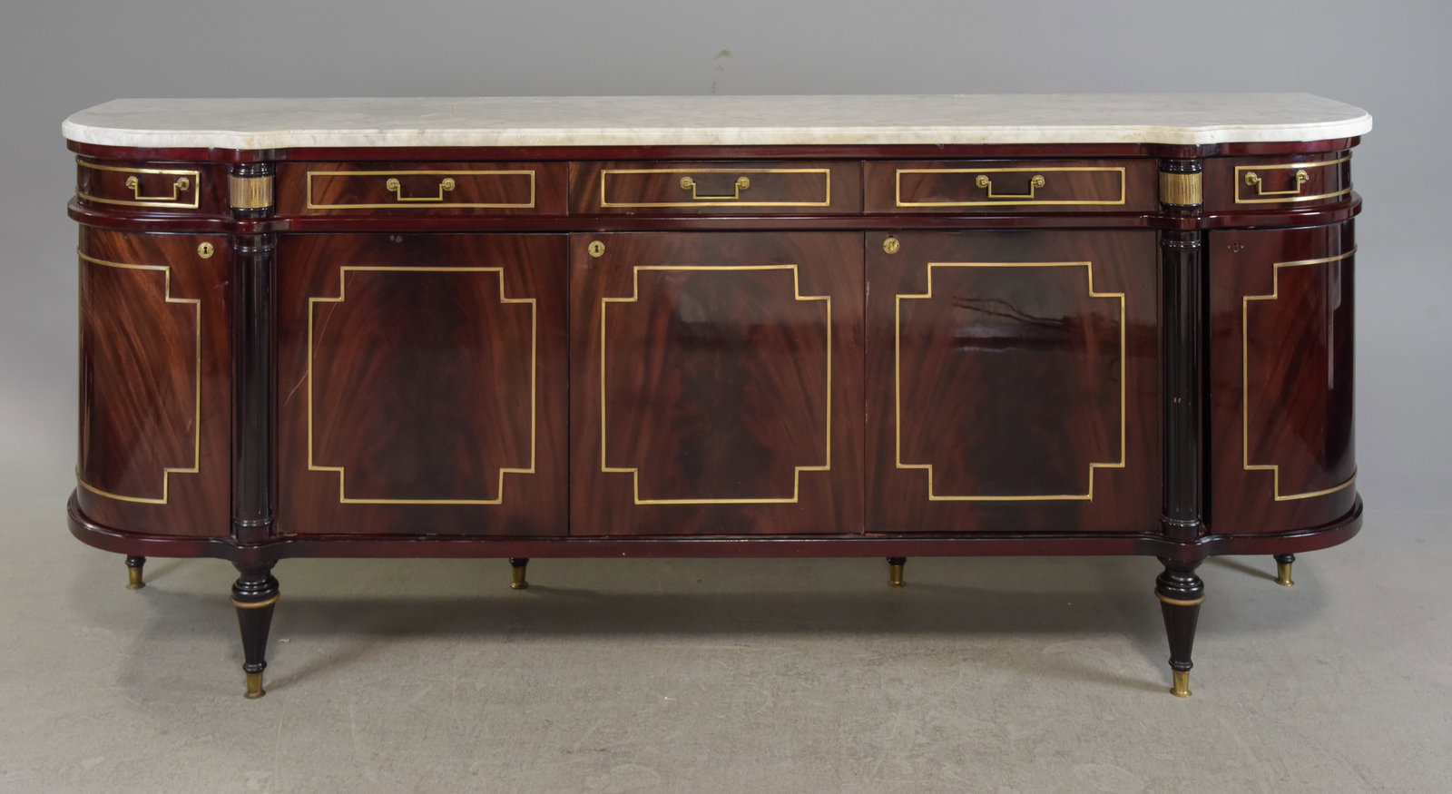 Louis XVI Style White Marble Top Curved Sideboard #1: French Louis XVI Style White Marble Top Curved Mahogany Sideboard / Enfilade - 41 in tall x 102 x 23.5