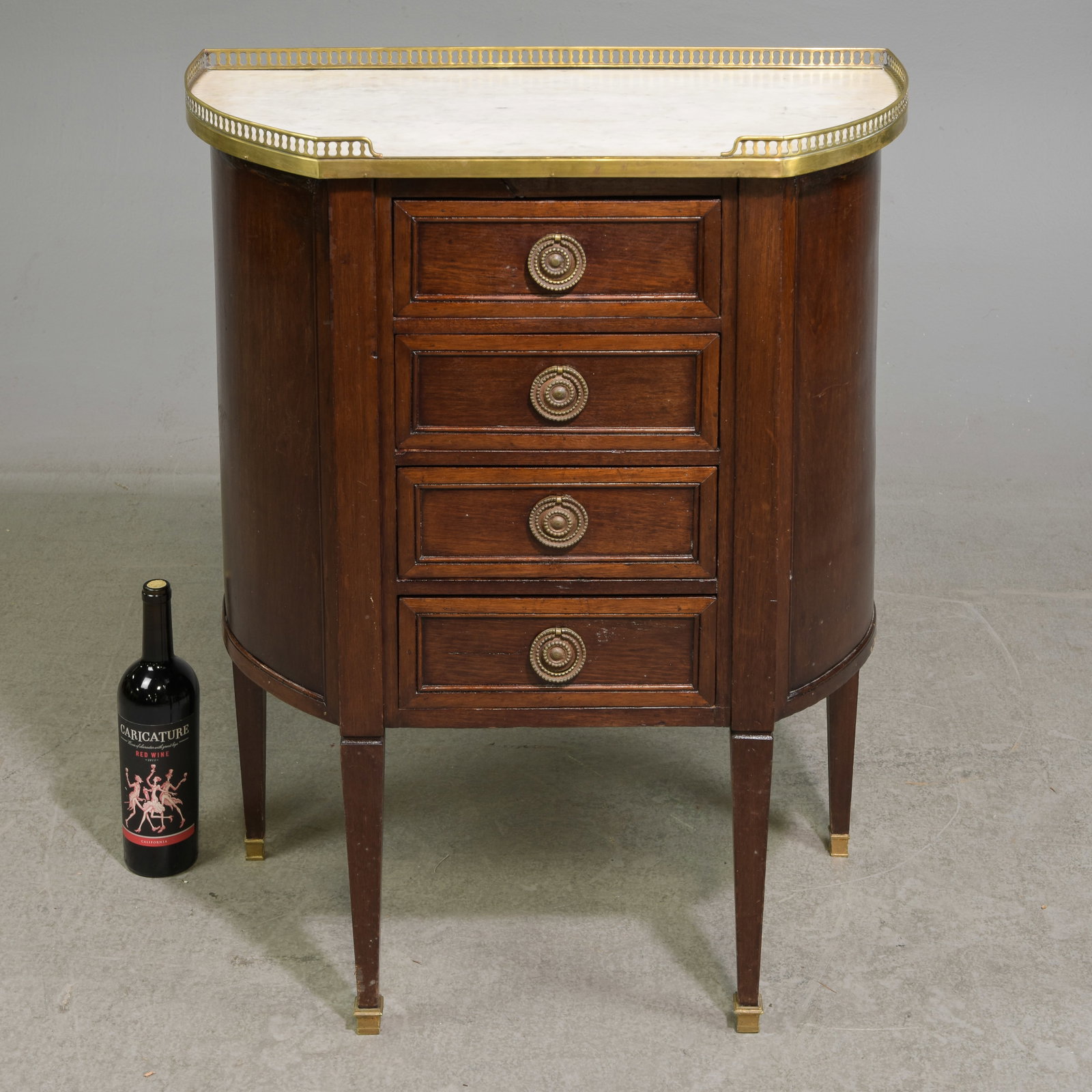 Louis XVI Style White Marble Top Hall Chest: French Louis XVI Style White Marble Top Hall / Occasional Chest with Brass Gallery - 33.5 in tall x 26 x 13.5