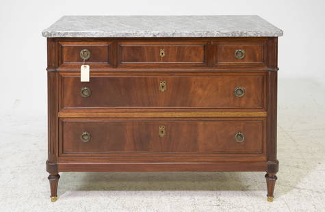 Louis XVI Style Marble Top Three Drawer Chest: French Louis XVI Style Marble Top Three Drawer Chest - 34 in tall x 45.5 x 20