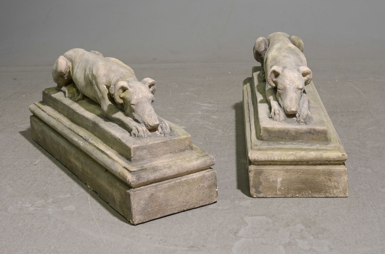 British Pair of Cast Stone Resting Whippets #2: British Pair of Cast Stone Resting Whippets - 12 in tall x 29 x 9 each - The tape is only to secure the lot number