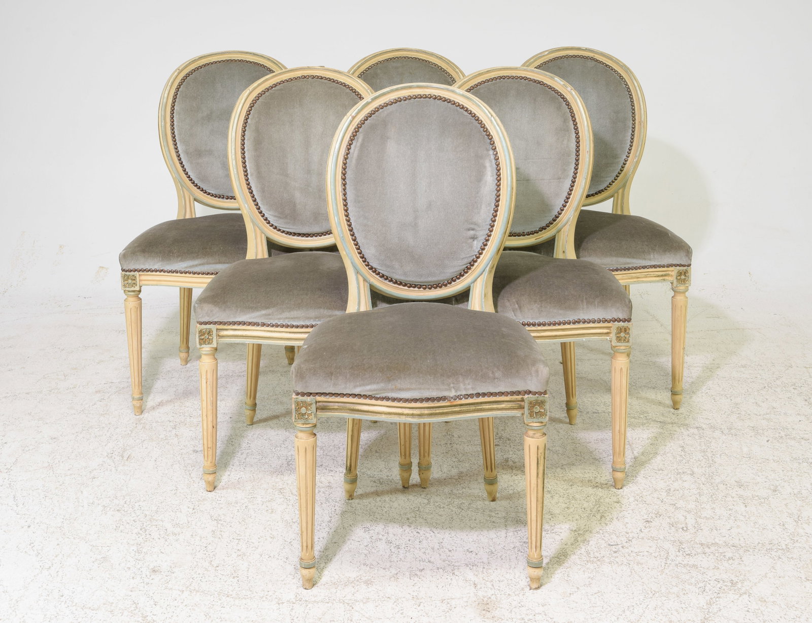 Louis XVI Style Set of 6 Balloon Back Dining Chairs: French Louis XVI Style Set of 6 Balloon Back Dining Chairs - 36.5 in tall x 19 x 19 each with a seat height of 18.5 inches each
