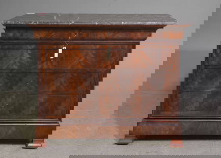 Louis Philippe Style Marble Top Mahogany Chest: French Louis Philippe Style Marble Top Mahogany Chest - 38.5 in tall x 49.5 x 21.5 - There is a key