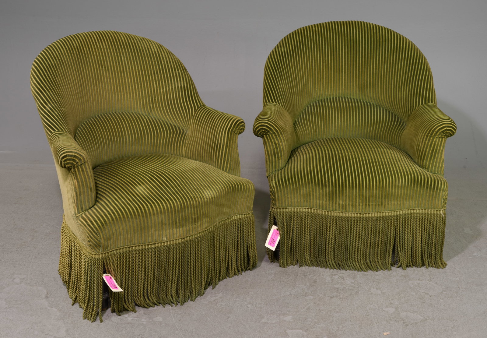 Napoleon III Style Pair of Crapeau Chairs: French Napoleon III Style Pair of Green Upholstered Crapeau Chairs with Fringe Skirts - 32 in tall x 29 x 27 each with a seat height of 15 inches